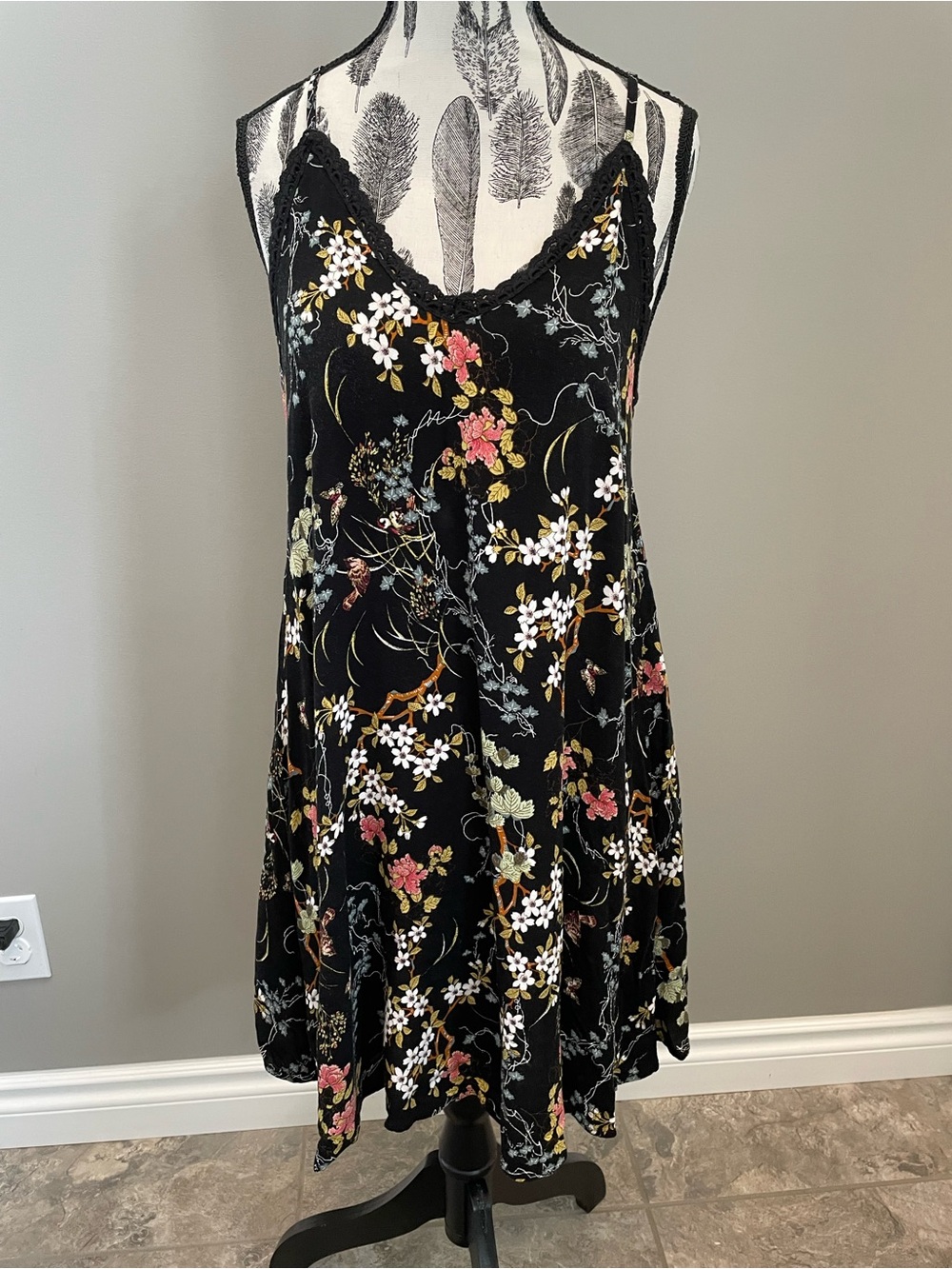 Harlow Black Floral Lace-Trim Slip Dress